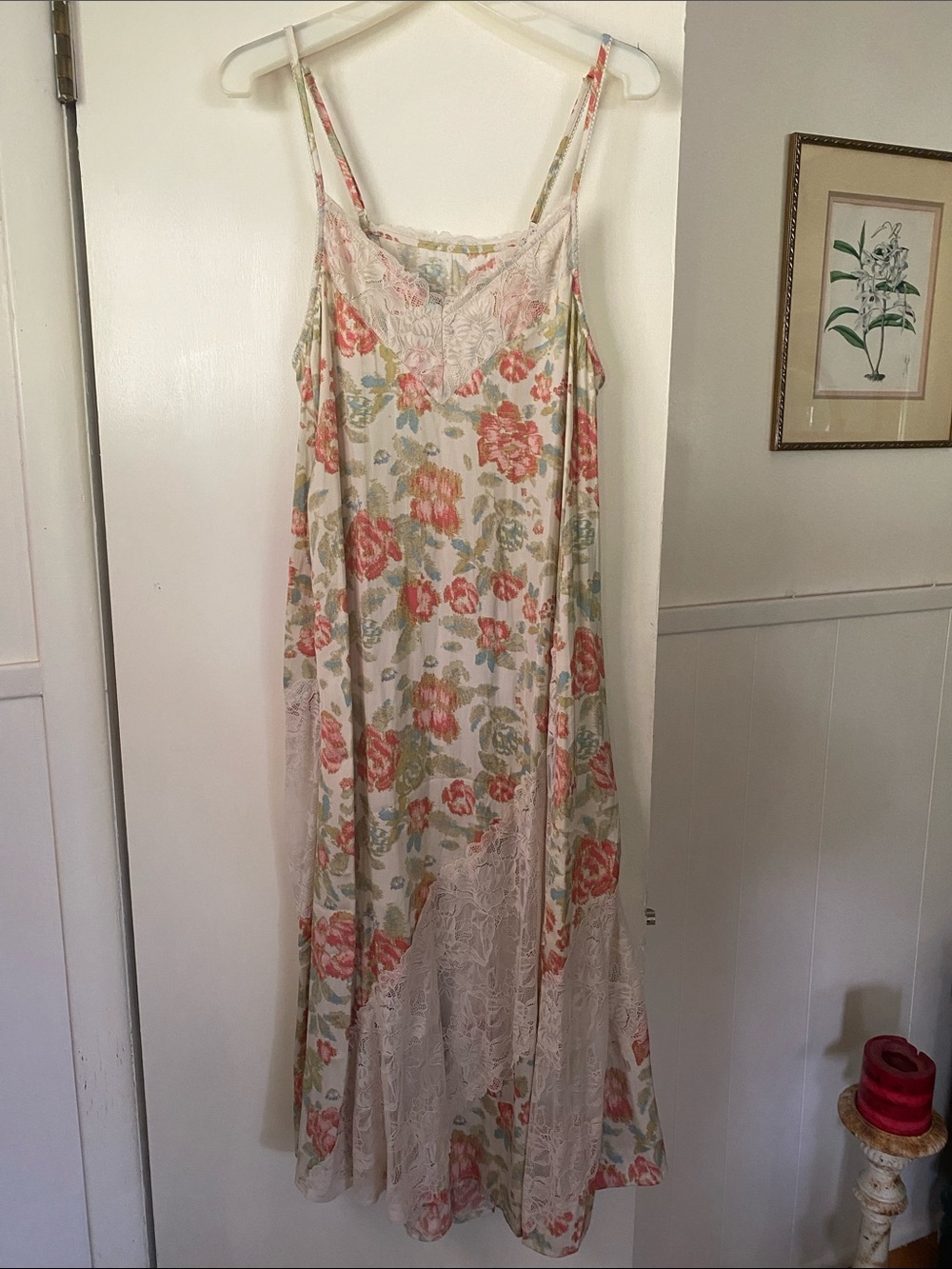 Free People Floral Lace Trim Slip Dress in Cream, Pink, Green